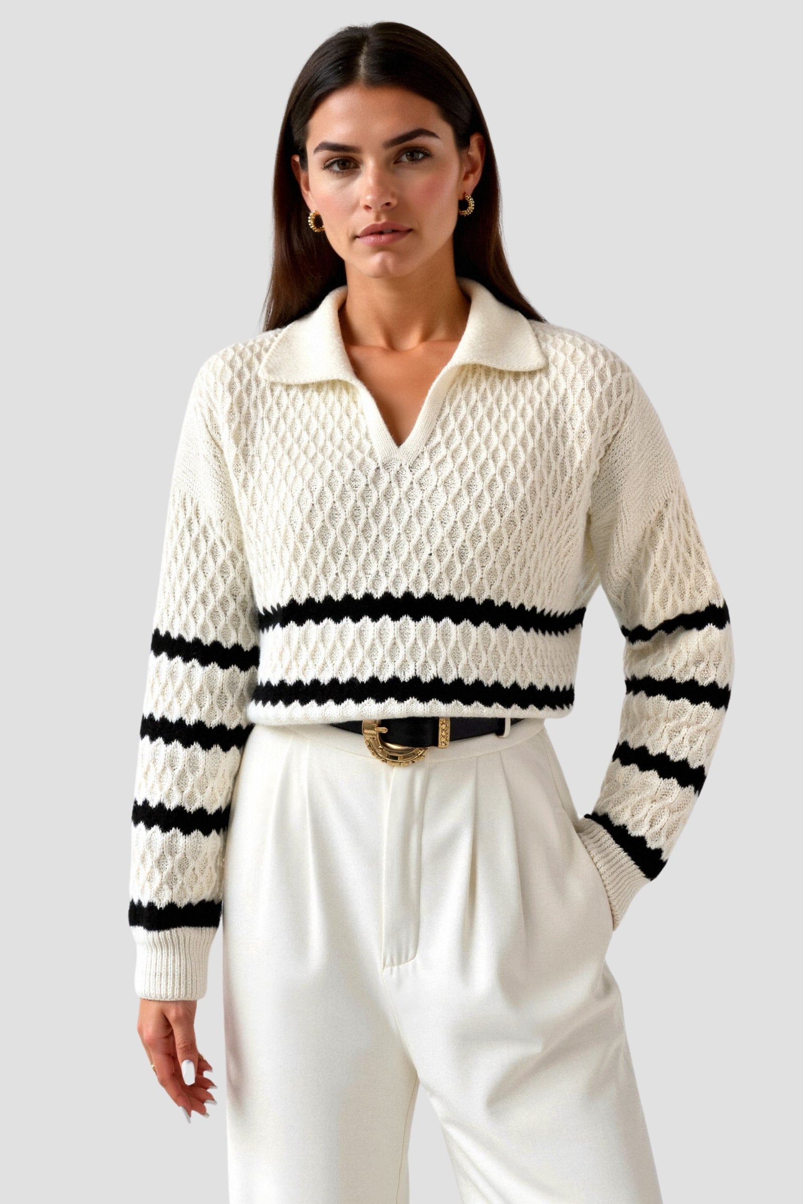 Elegant Cable Knit Striped Diamond Textured Collared Sweater