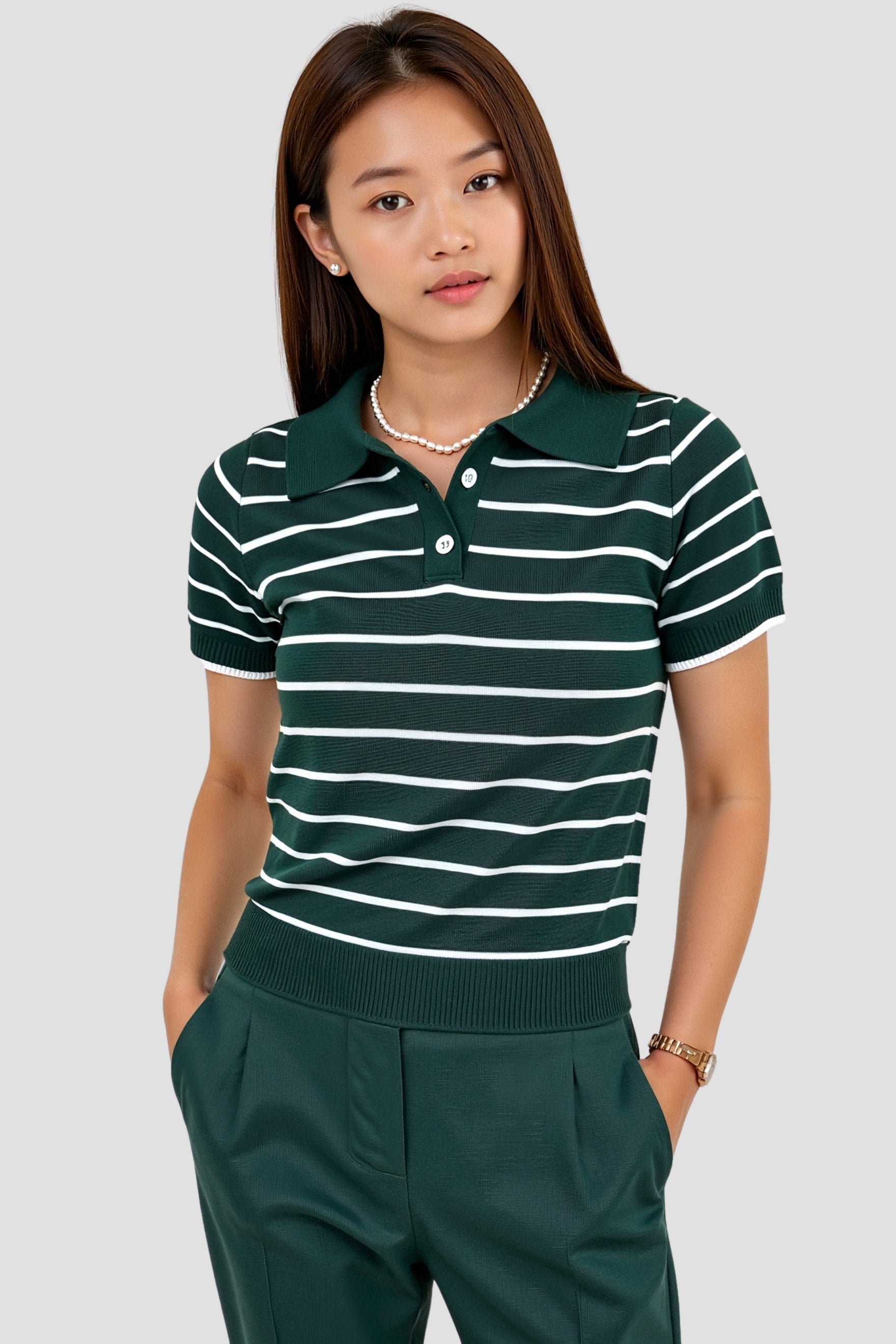 Old Money Casual Lapel Short Sleeve Striped Pattern Button Polo T-Shirt