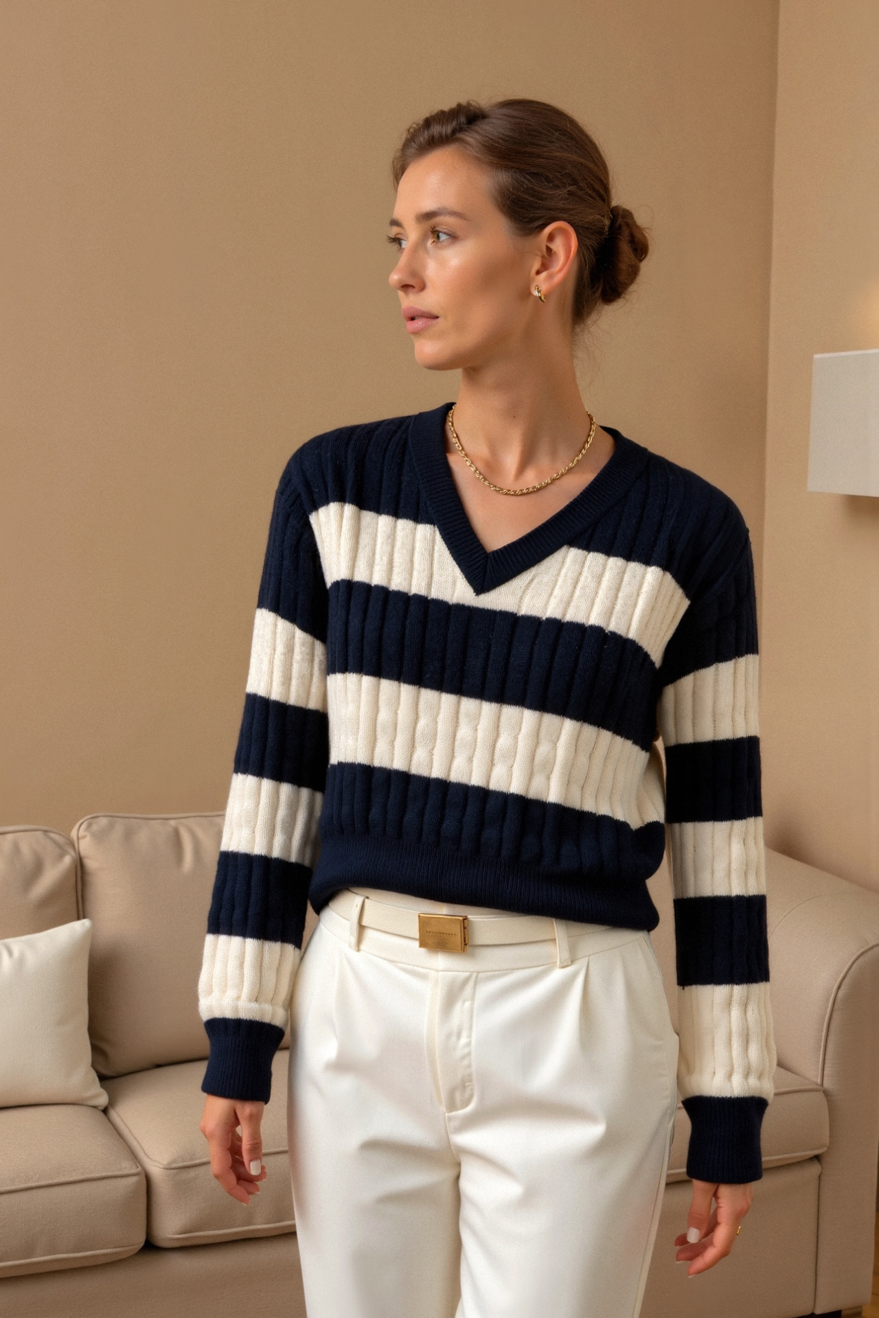 Old Money Cable Knit Color Block V Neck Elegant Drop Shoulder Sweater