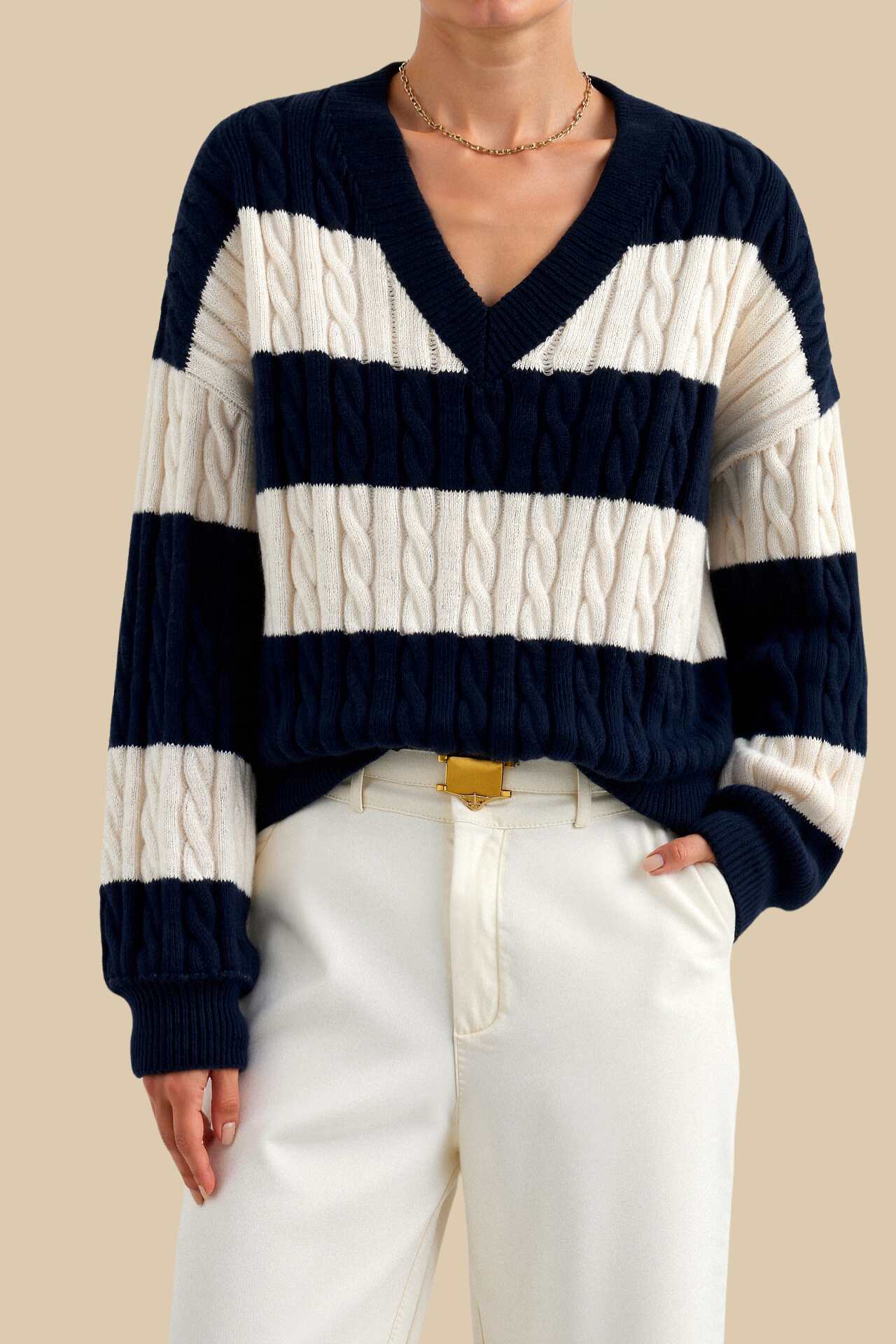 Old Money Cable Knit Color Block V Neck Elegant Drop Shoulder Sweater