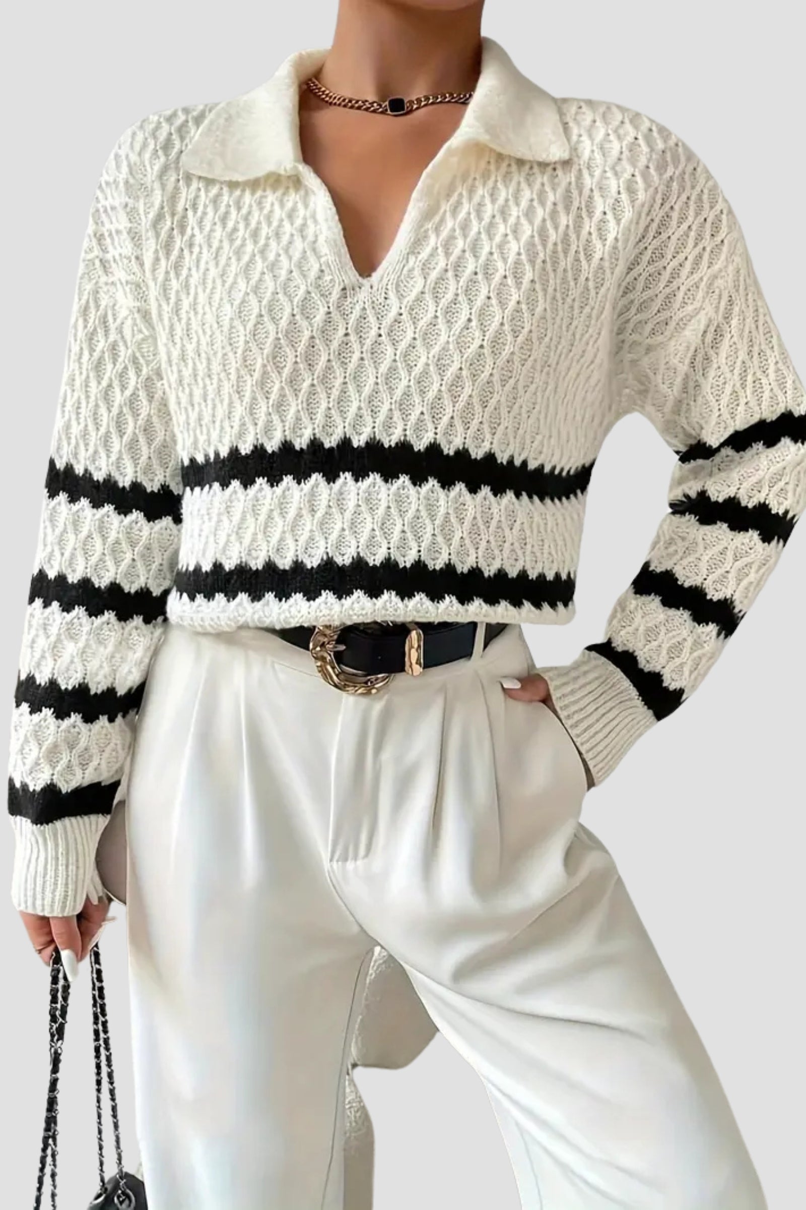 Elegant Cable Knit Striped Diamond Textured Collared Sweater