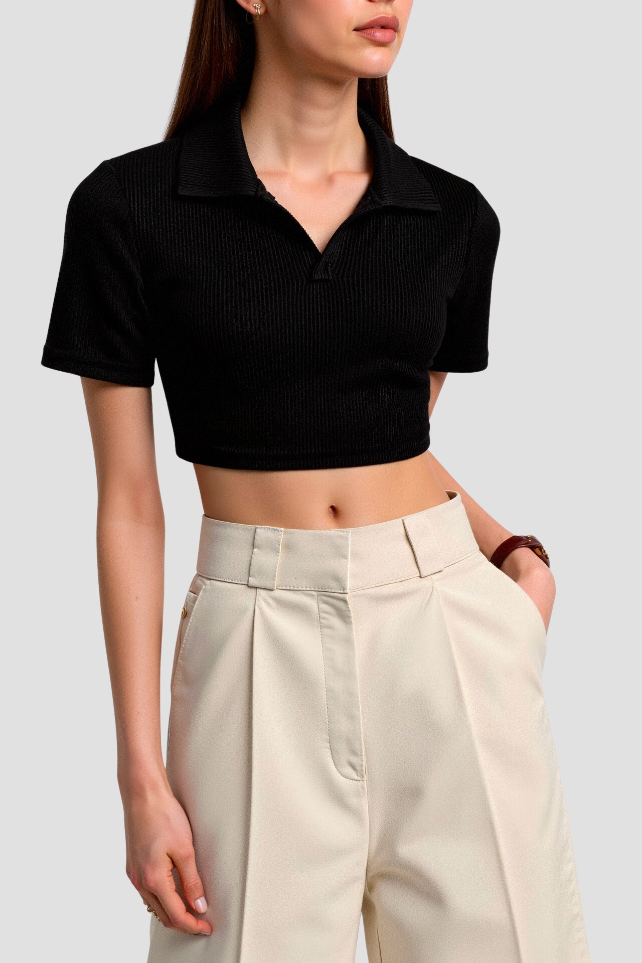 Old Money Cropped Solid Collared Short Sleeve Ribbed Polo T-shirt