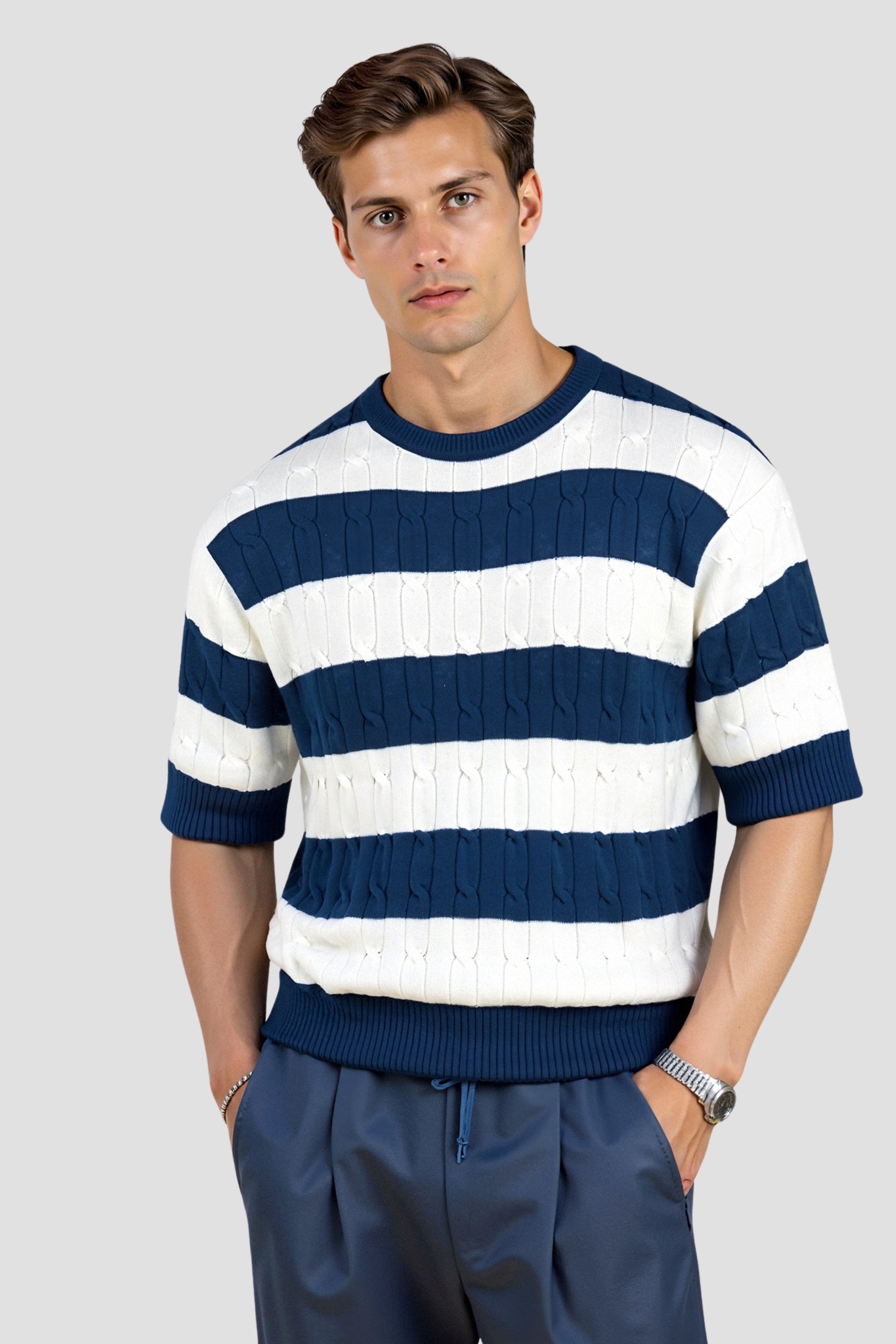 Old Money Classic Summer Crew Neck Cable Knit Striped T-Shirt