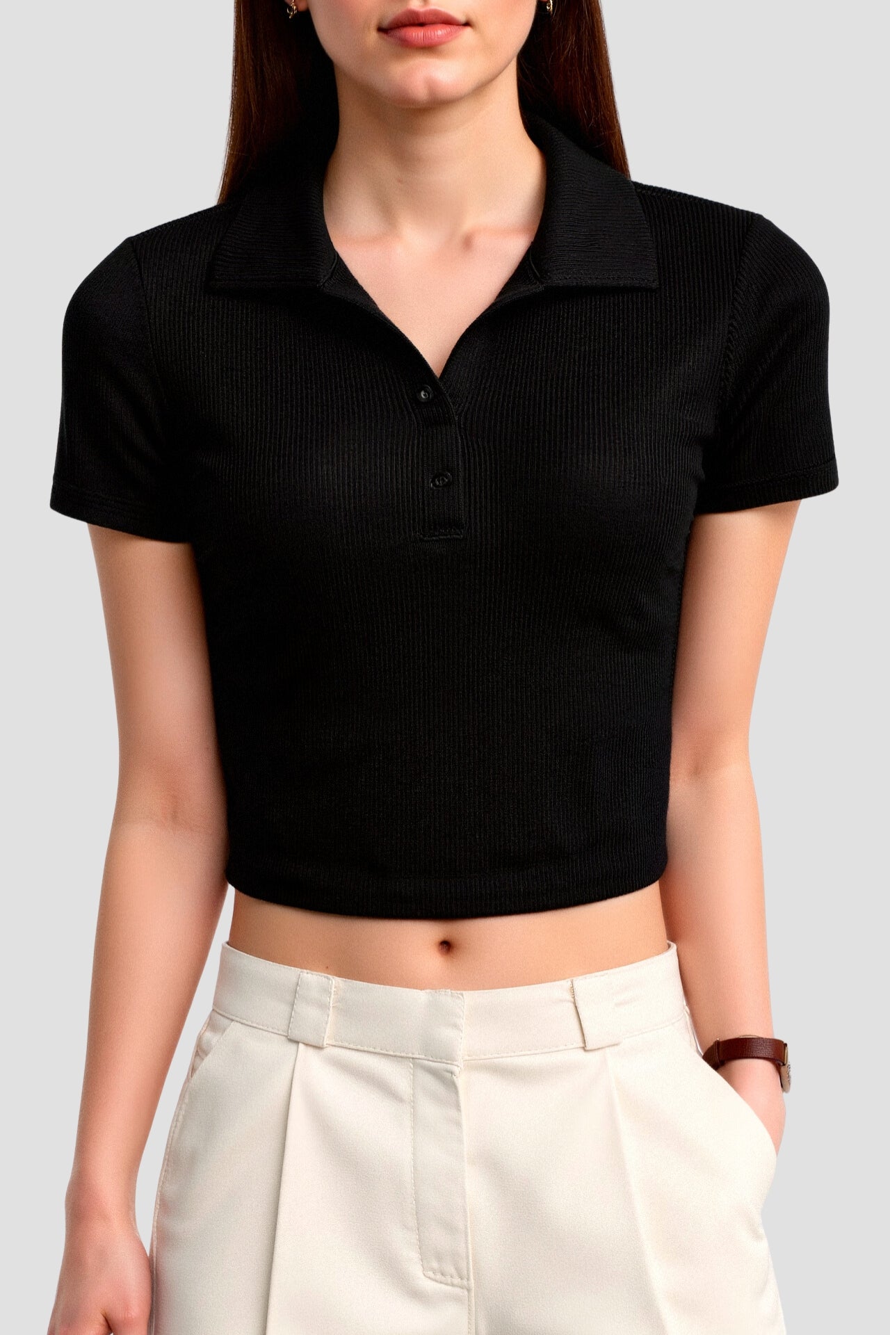 Old Money Cropped Solid Collared Short Sleeve Ribbed Polo T-shirt