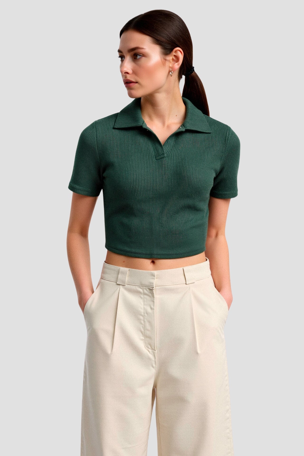 Old Money Cropped Solid Collared Short Sleeve Ribbed Polo T-shirt