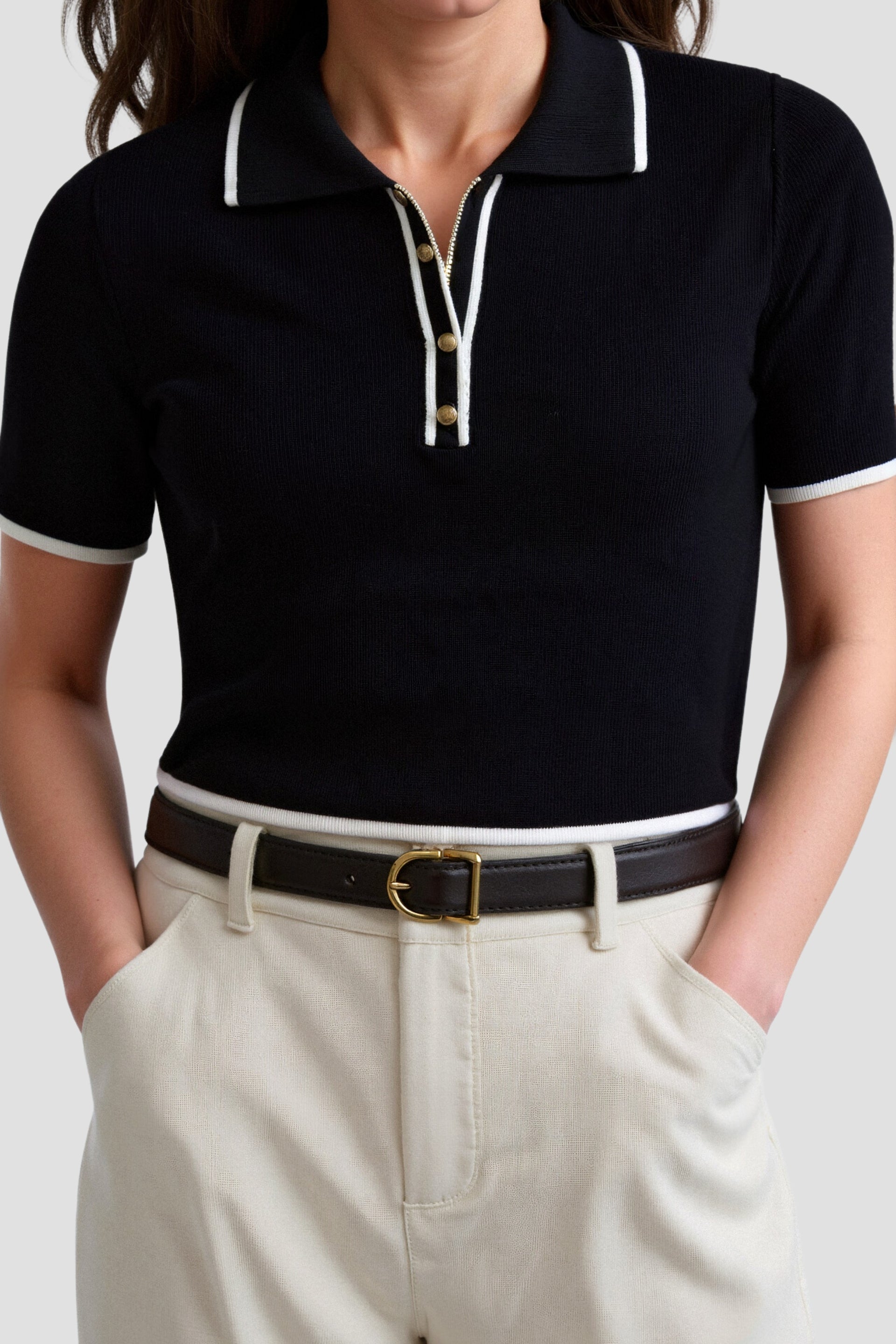 Old Money Contrast Elegant Trim Collared Slim Button Up Polo T-Shirt