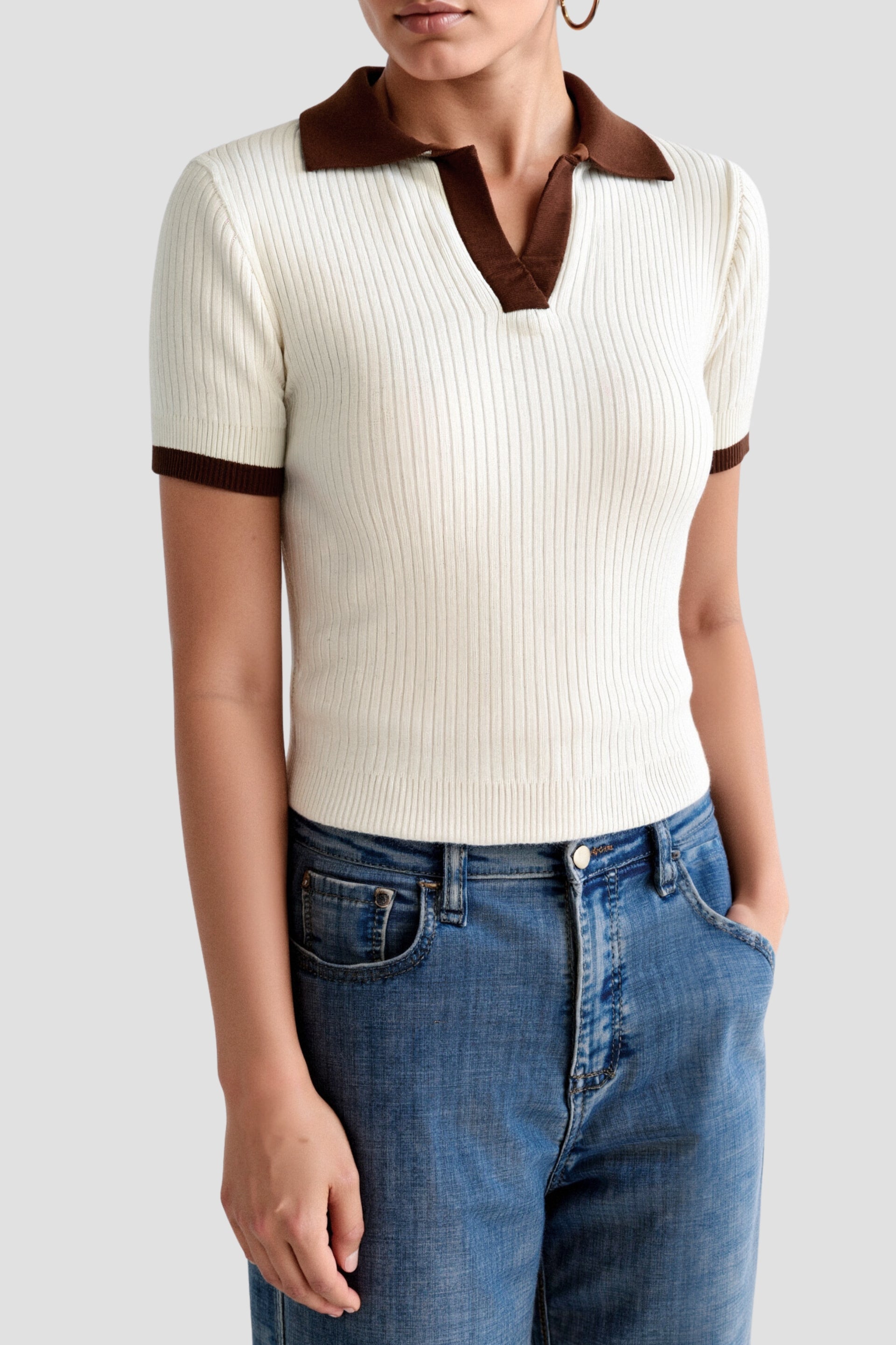 Old Money Casual Polo Color Block Notched Collar Knitted Top