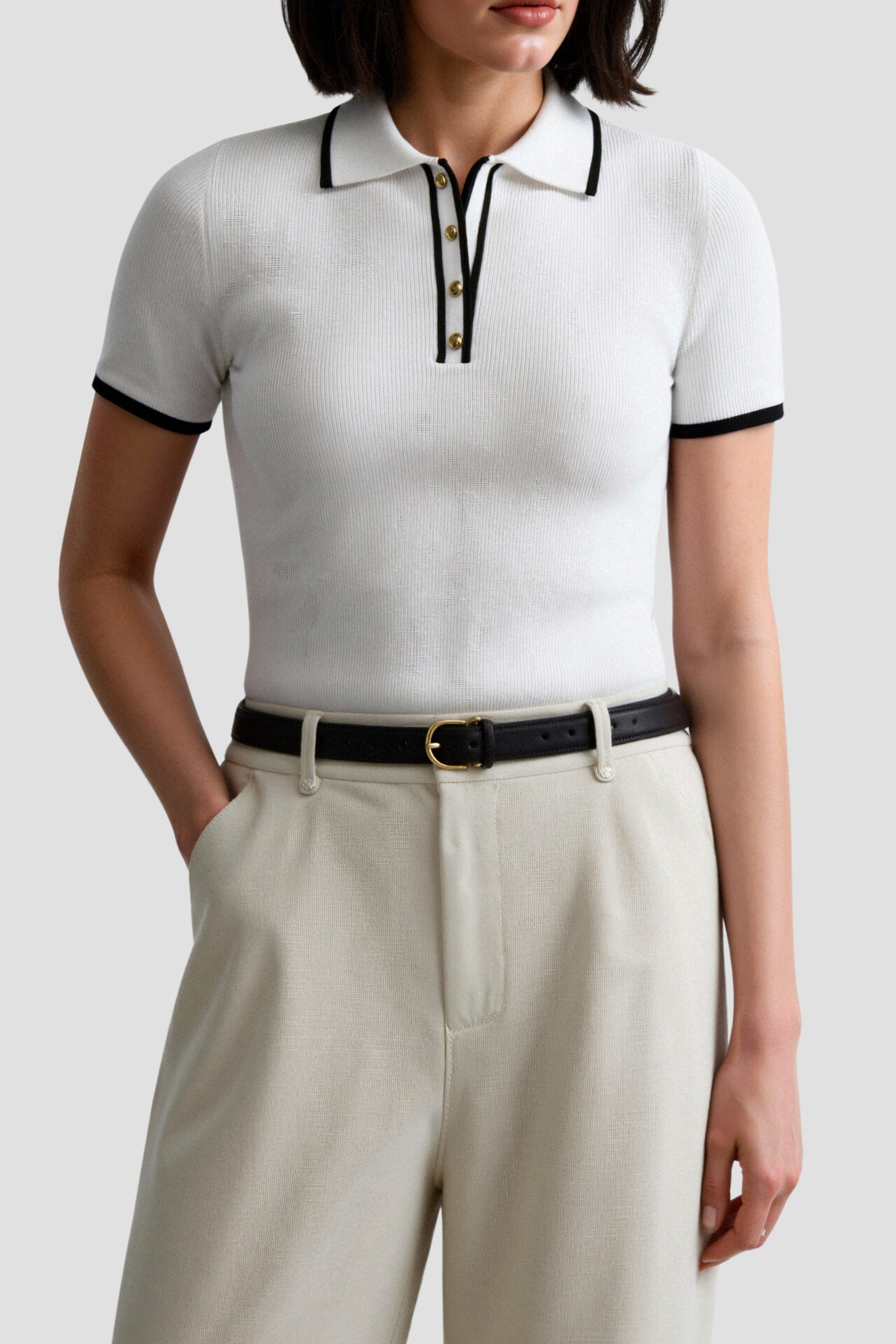 Old Money Contrast Elegant Trim Collared Slim Button Up Polo T-Shirt