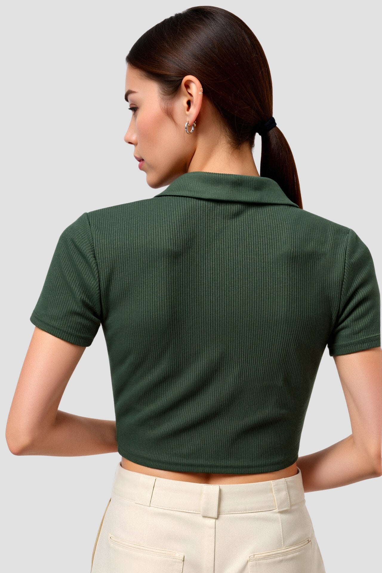 Old Money Cropped Solid Collared Short Sleeve Ribbed Polo T-shirt