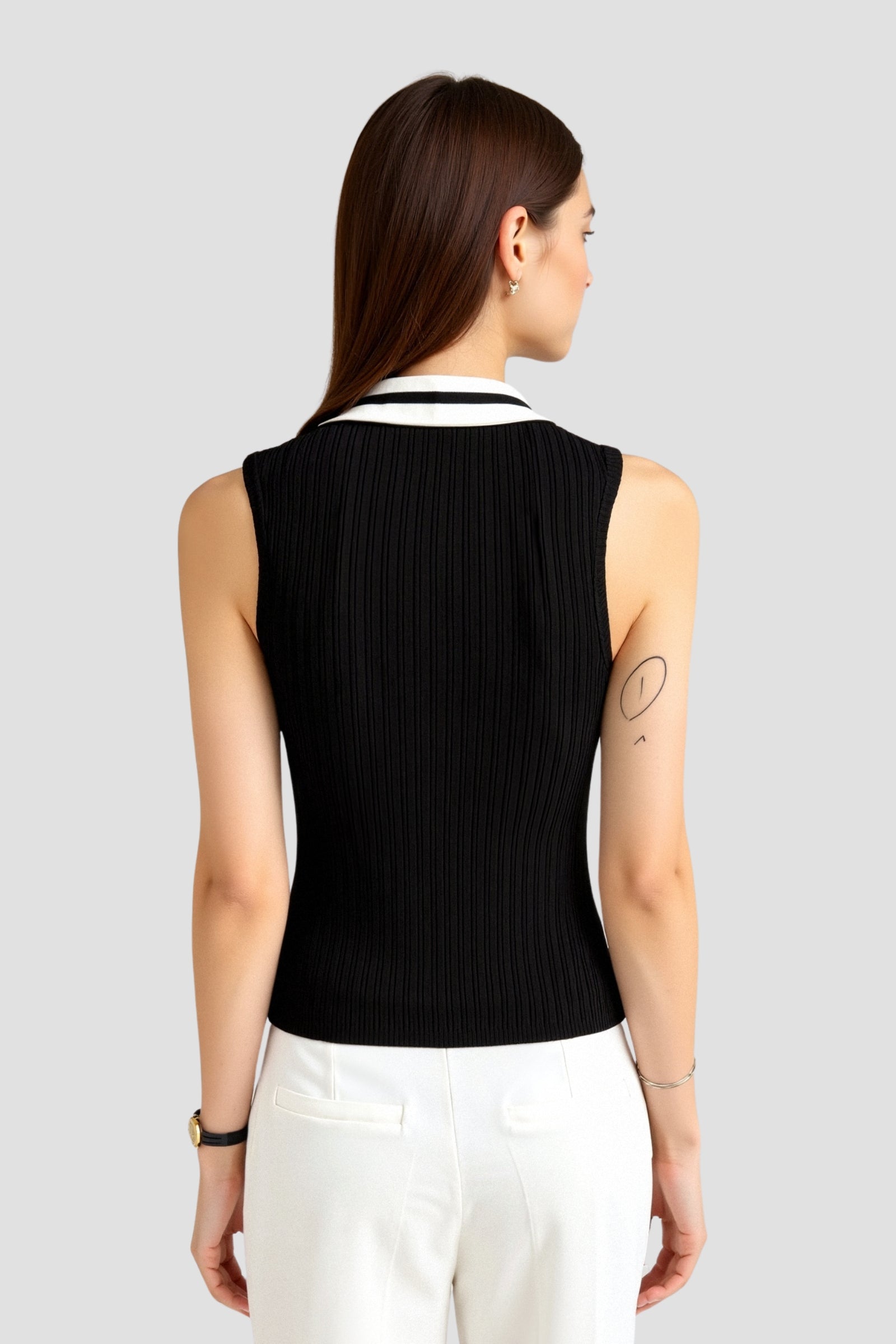 Old Money Sleeveless Knitted Color Block Collared Sweater Vest